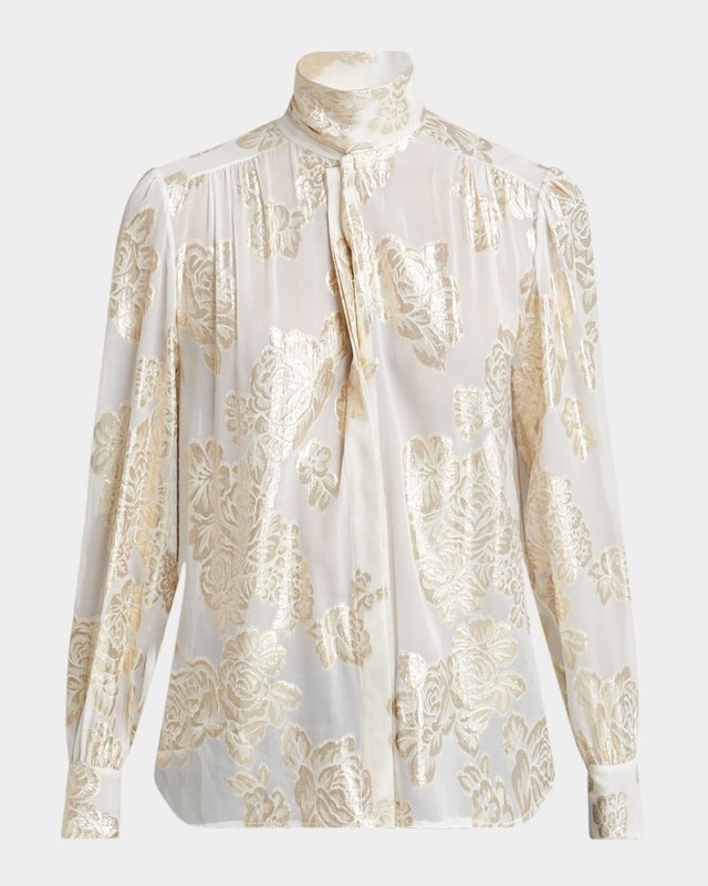 Metallic Floral Silk Scarf-Neck Top